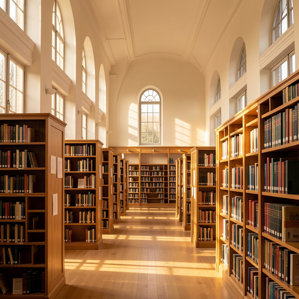 Sunlit open library space with high ceilings, rows of bookshelves, and warm light streaming through tall windows, atmosphere of learning and structured knowledge