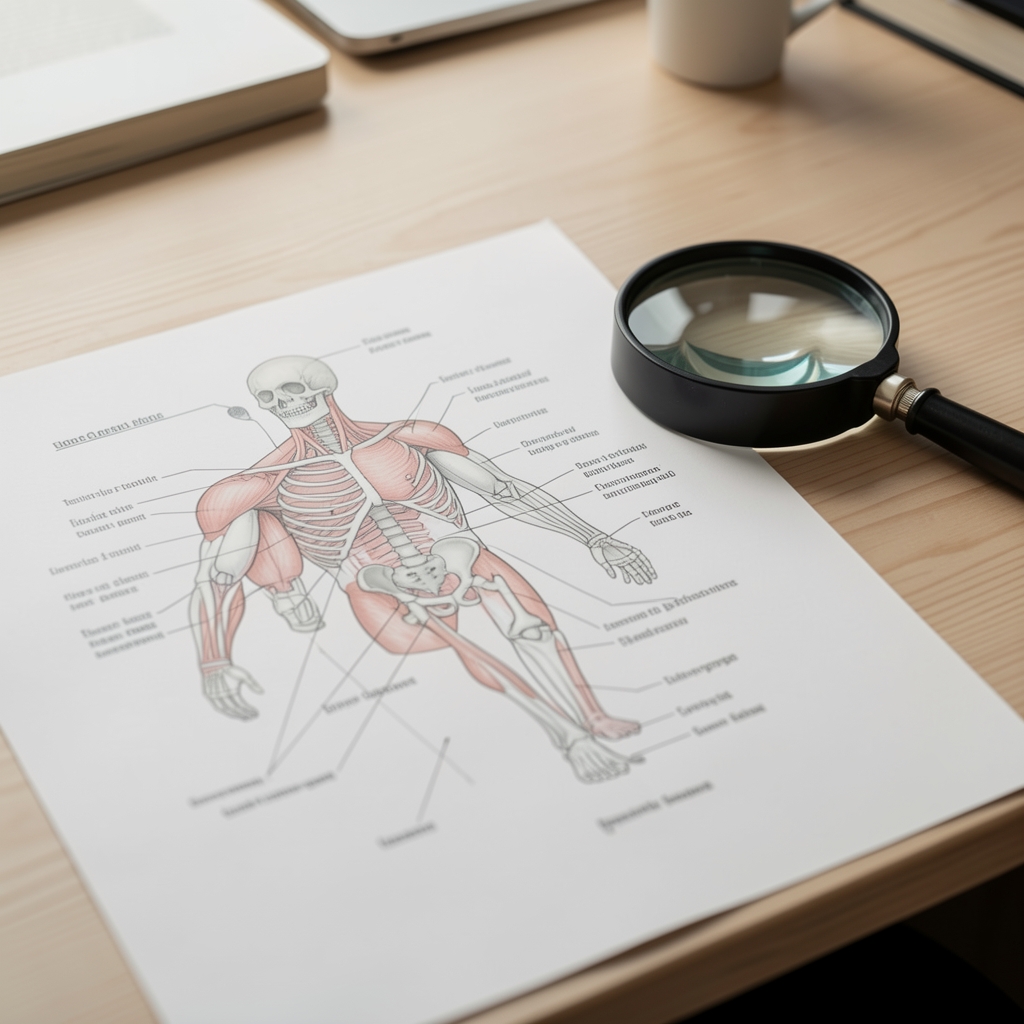 Close-up of a detailed anatomical diagram laid flat on a light wooden desk beside a reading magnifier, scholarly and analytical mood with soft natural light