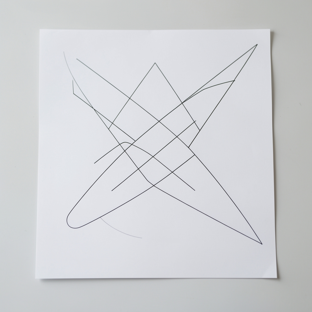 Minimalist line diagram of intersecting geometric shapes on white paper, representing form and movement patterns in a clean abstract style