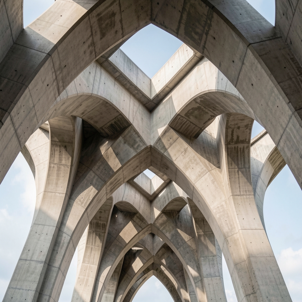 Abstract illustration of interlocking structural arches in stone or concrete, viewed from below, conveying the concept of interconnected physical support systems
