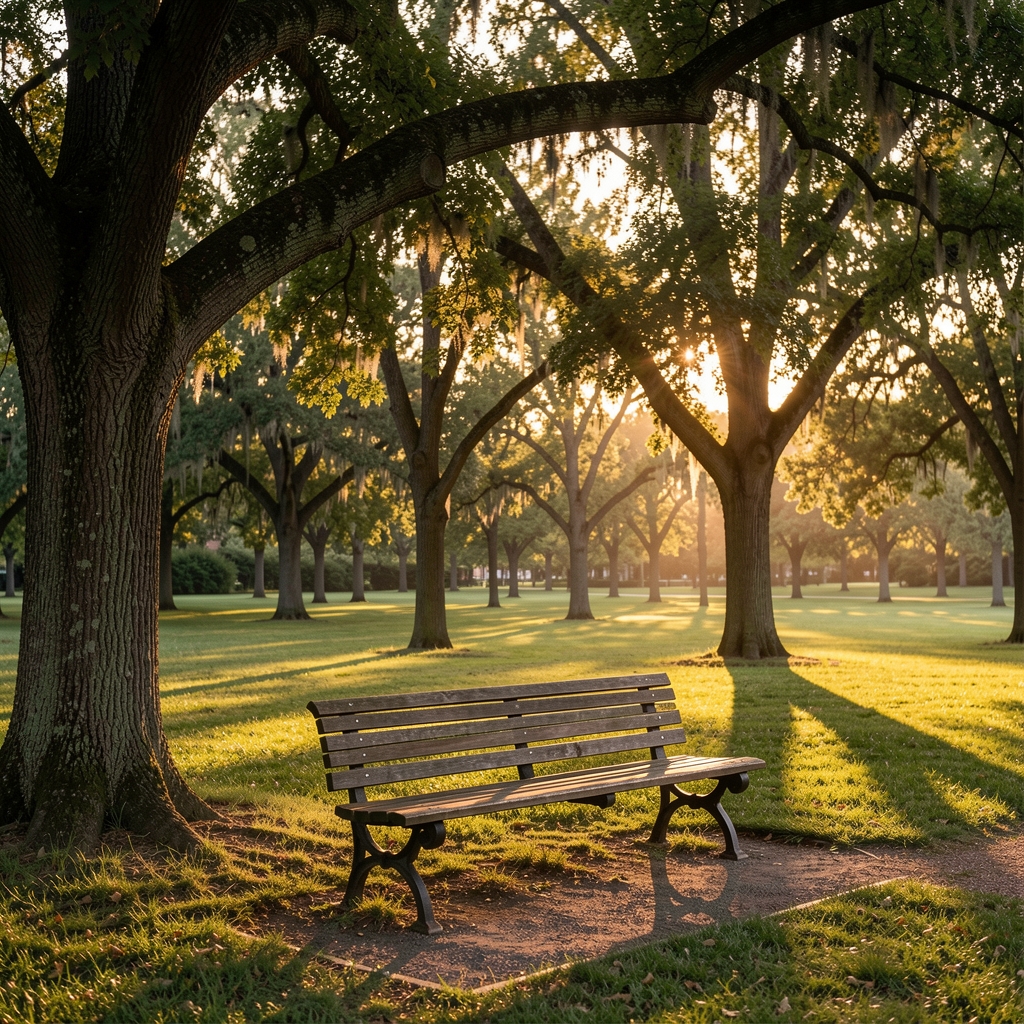 Peaceful outdoor park scene at dusk with an empty wooden bench surrounded by mature trees, long shadows, soft golden hour light and a sense of reflective stillness