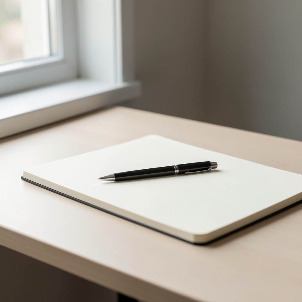 Minimalist writing surface with a single pen resting on a blank notebook, soft natural light from a nearby window, calm and uncluttered atmosphere