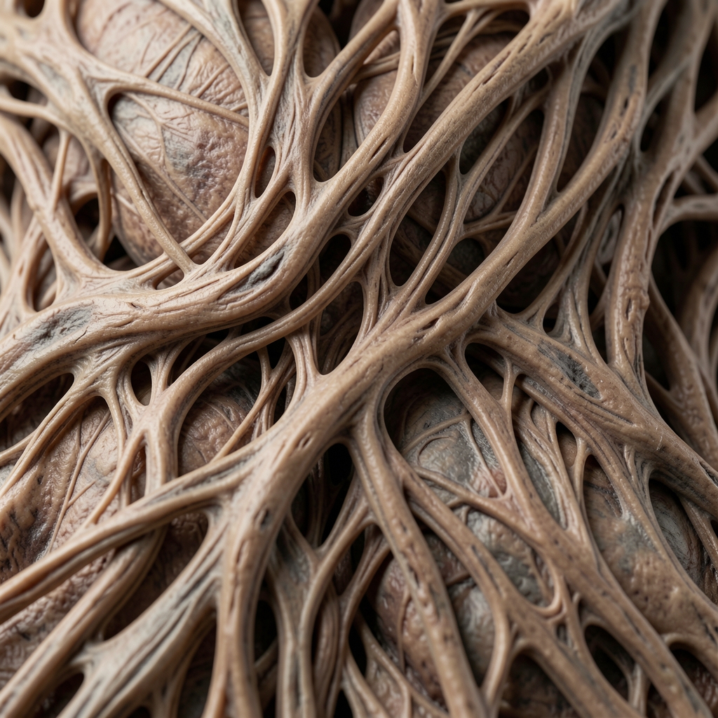Abstract close-up of layered organic textures in neutral brown and grey tones, suggesting the complexity of interconnected bodily structures
