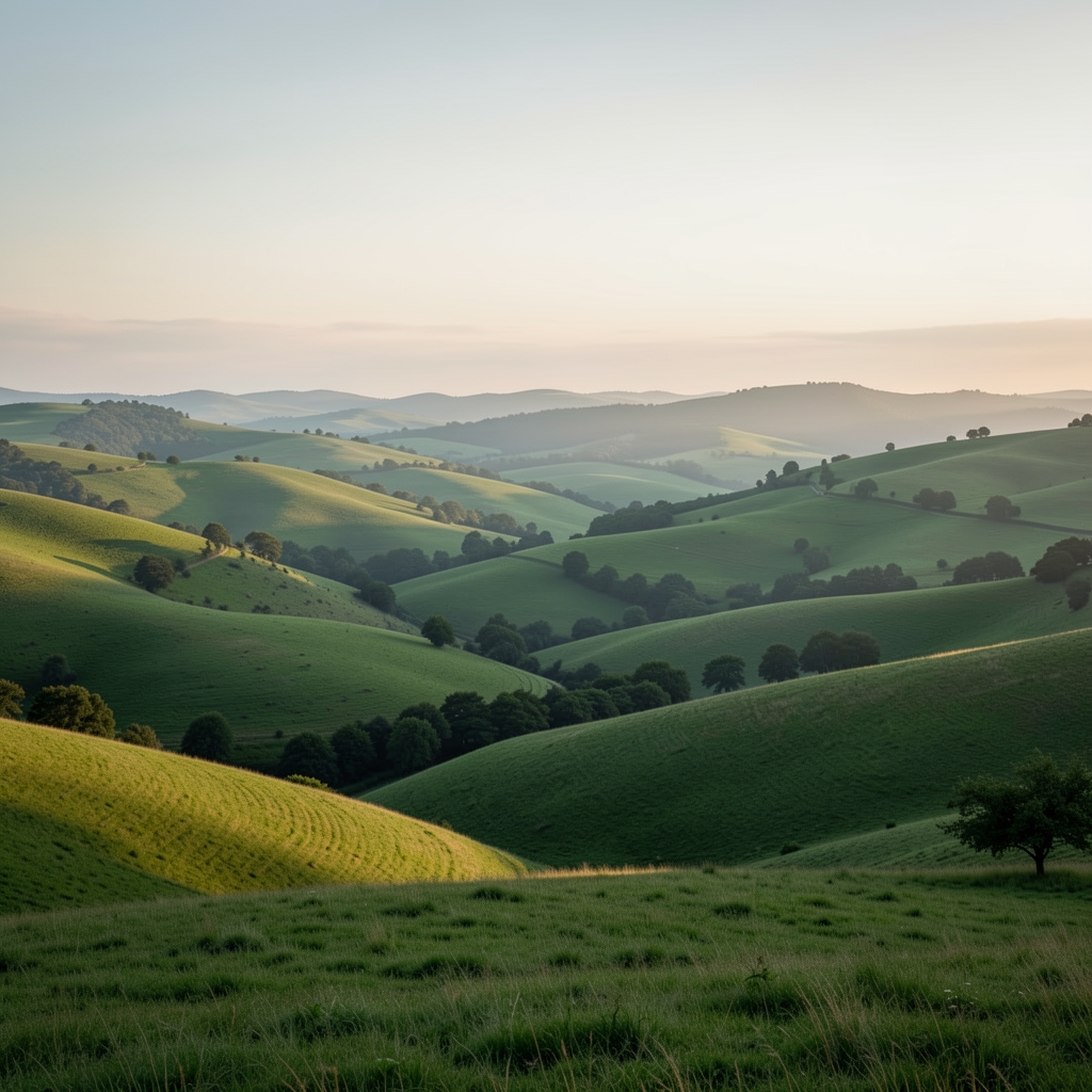 Wide panoramic view of a serene natural landscape with rolling hills, soft morning light, and deep green tones conveying calm and depth